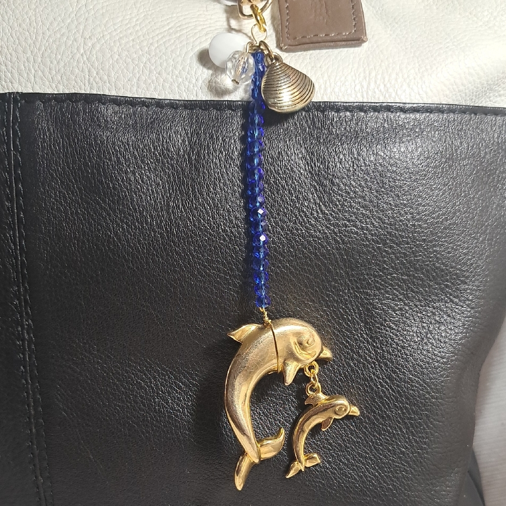 Hand CraftedGold Dolphin Bag Purse Jewelry with Blue Beads